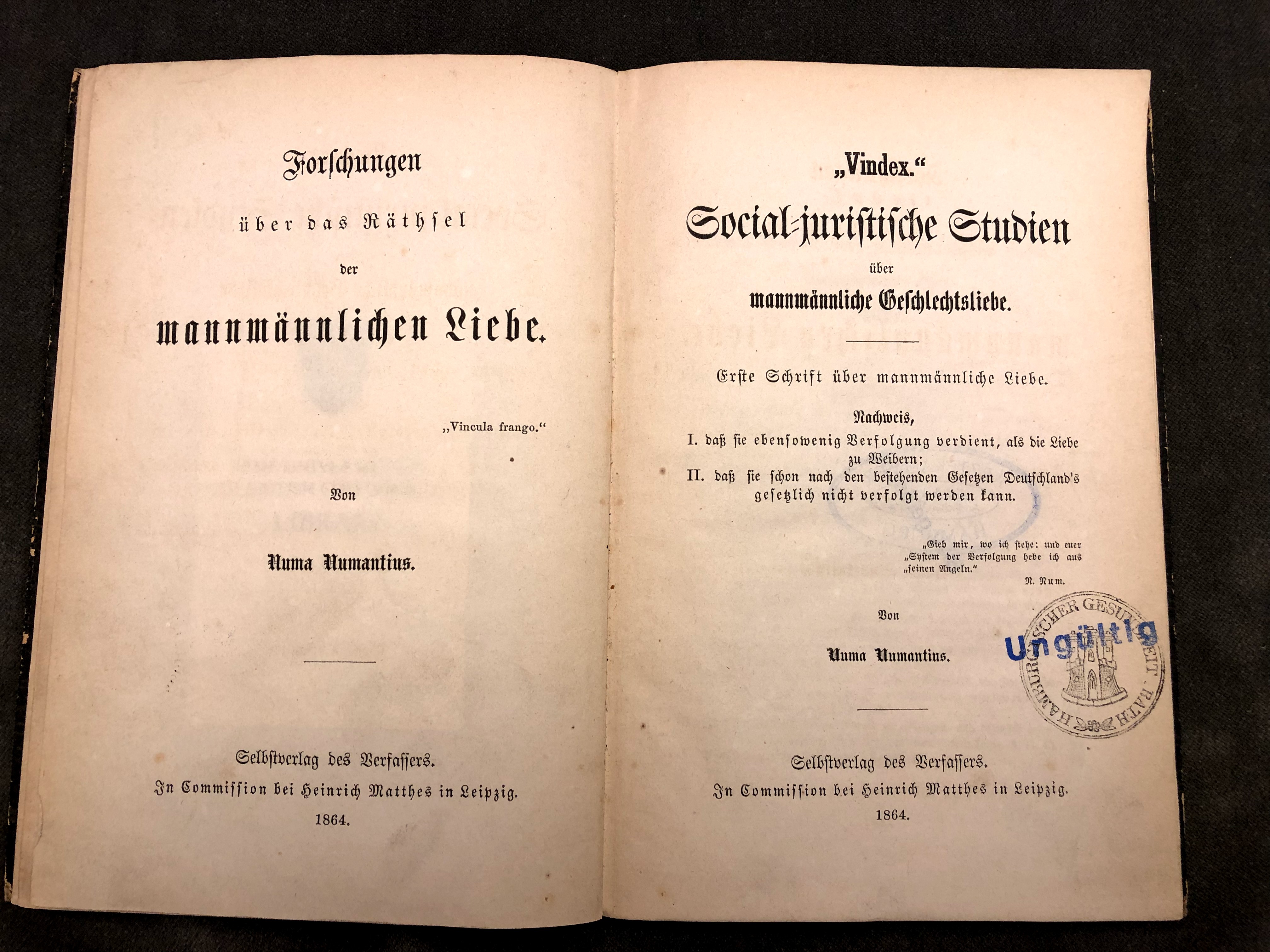 Title Page of Vindex by Numa Numantius (Karl Heinrich Ulrichs)
